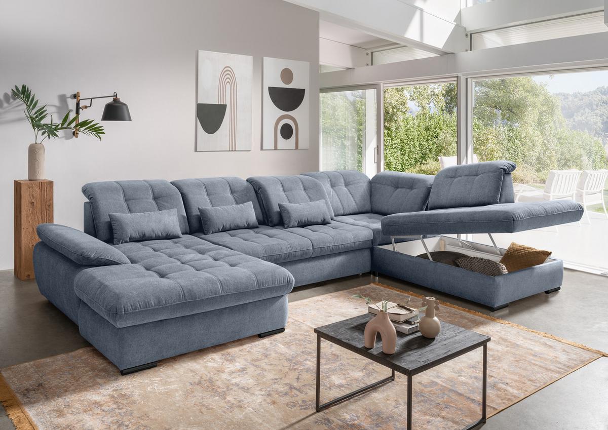 Wohnlandschaft Rigatti Hellblau Chenille m.Bettkasten - Schwarz/Hellblau, MODERN, Textil/Metall (184/387/252cm) - Livetastic