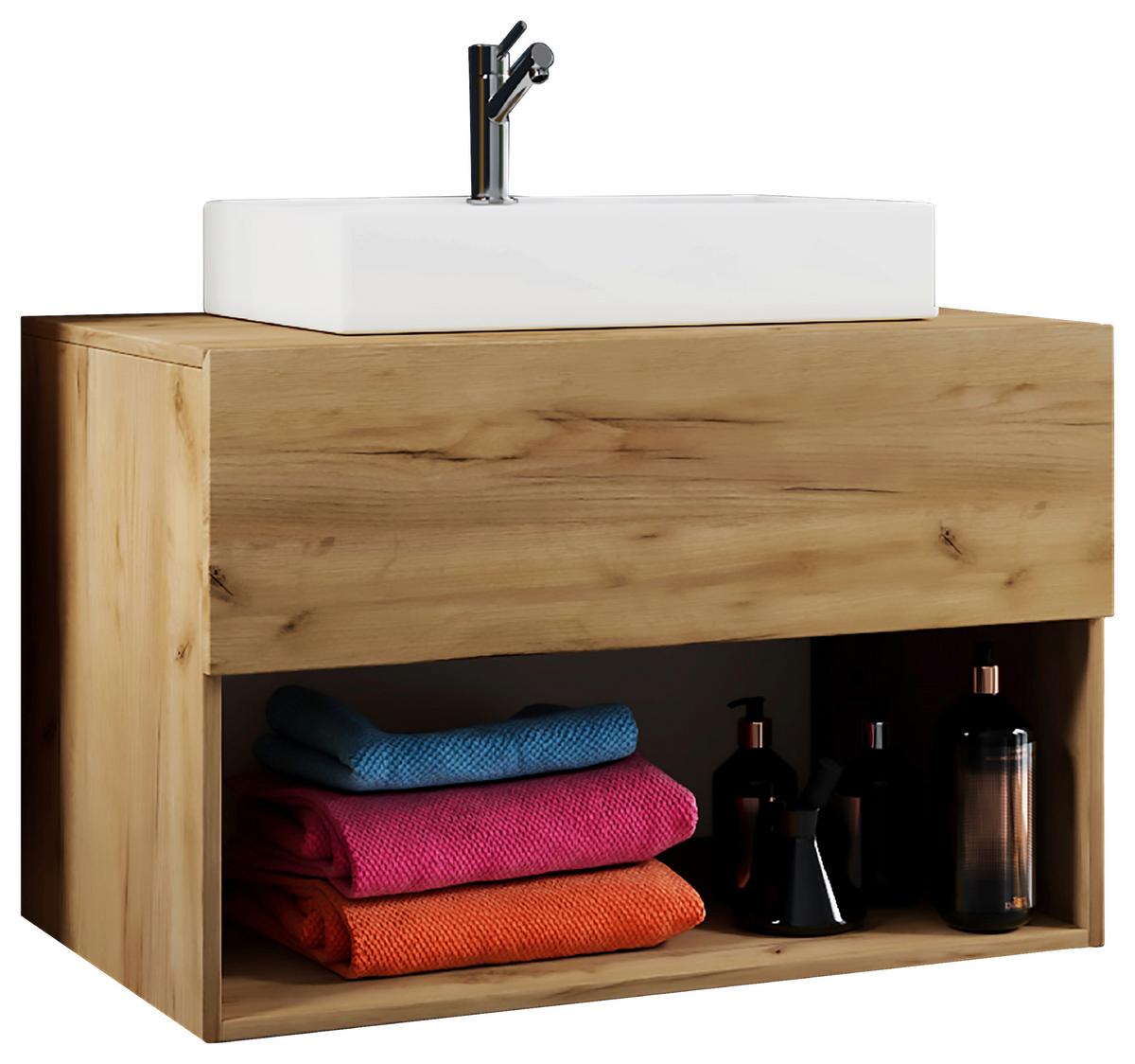 Kombiniran Umivalnik Lendas, Hrast - bela/medeni hrast, Moderno, leseni material/keramika (80cm) - MID.YOU