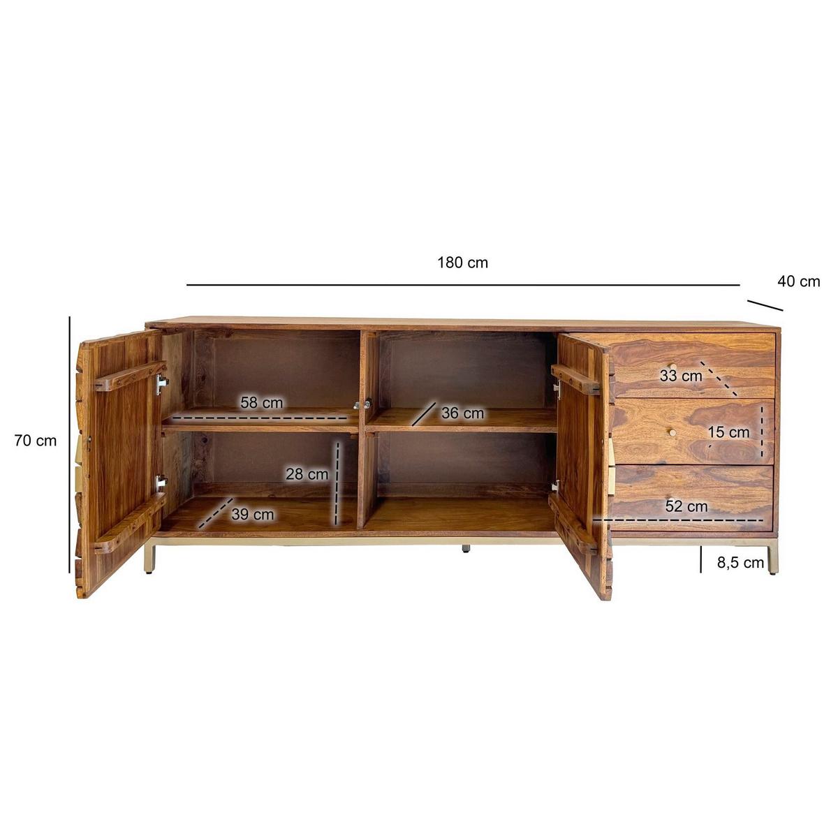 Komoda Sheesham, Pravi Les - zlate barve/barve indijskega rožnega lesa, Natur, kovina/les (180/70/40cm) - Livetastic