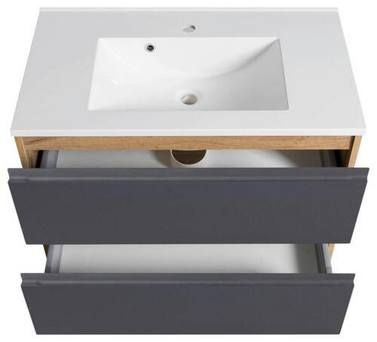Waschtischkombi Varese ca. 80 cm Grau/Eiche - Eiche Wotan/Weiß, MODERN, Holzwerkstoff/Stein (80cm) - Held