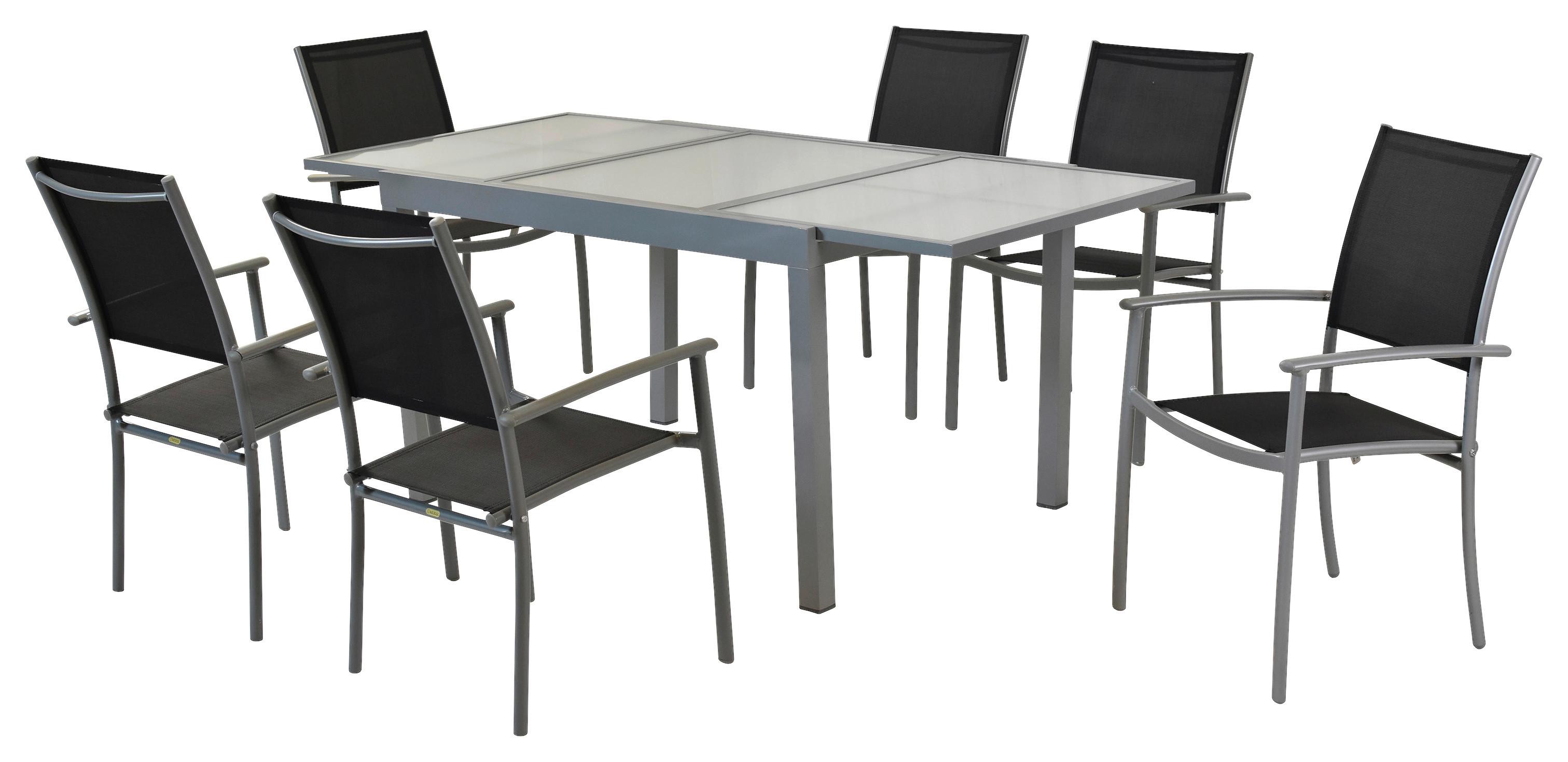 Vrtni Set Milano, 7-delni, Raztegljiva Miza - srebrne barve/črna, Moderno, kovina/tekstil - Gardenson