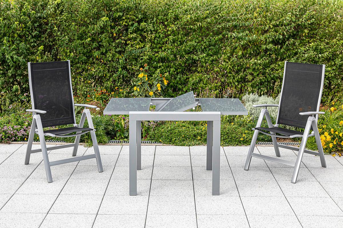 Gartentisch ausziehbar Semi Metall/Glas L: 80-120 cm - Silberfarben, KONVENTIONELL, Glas/Metall (80-120/70/75,5cm) - Gardenson