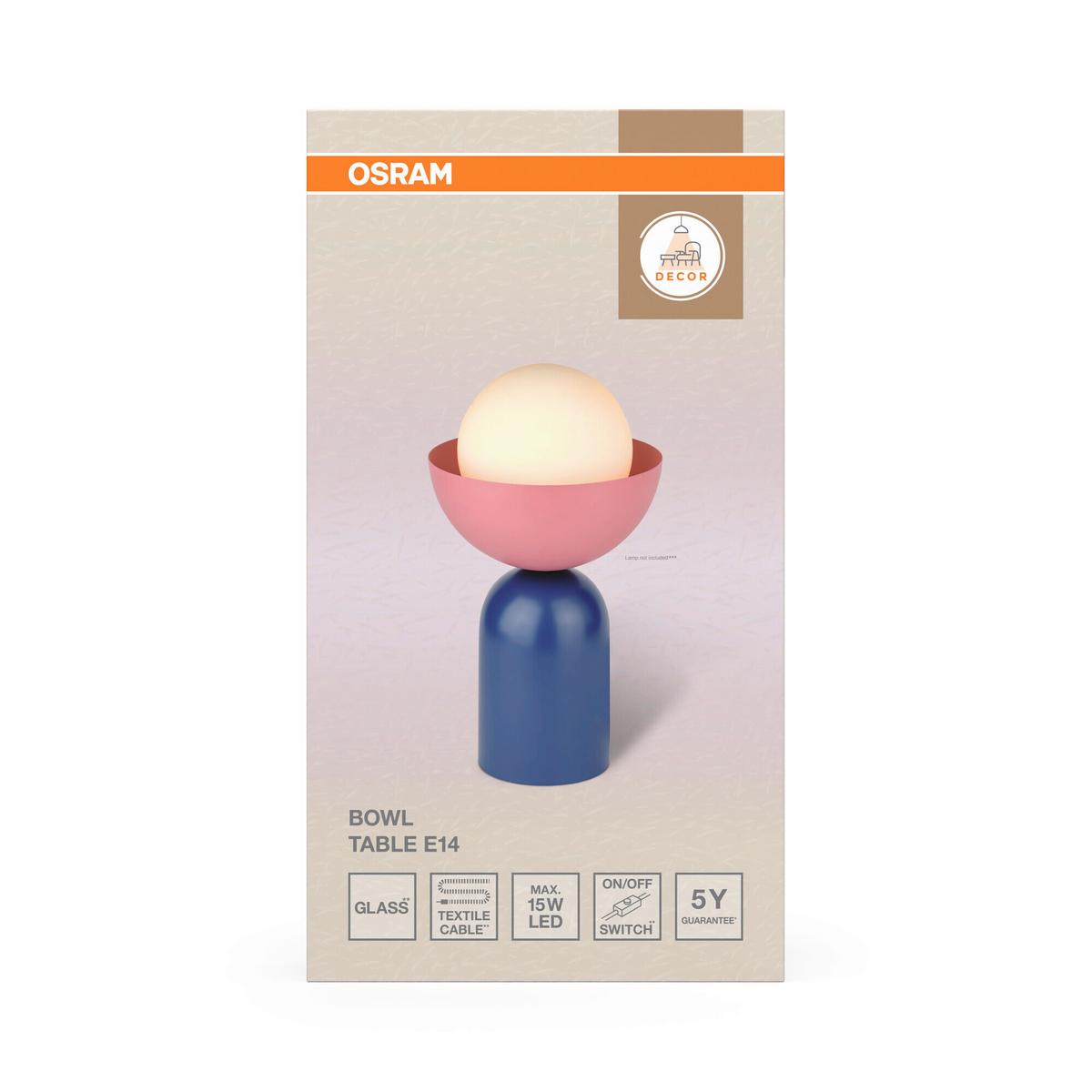 LAMPA STOŁOWA DECOR BOWL TABLE E14 BL - różowy/niebieski, Basics, metal/szkło (20/36,5cm) - Osram