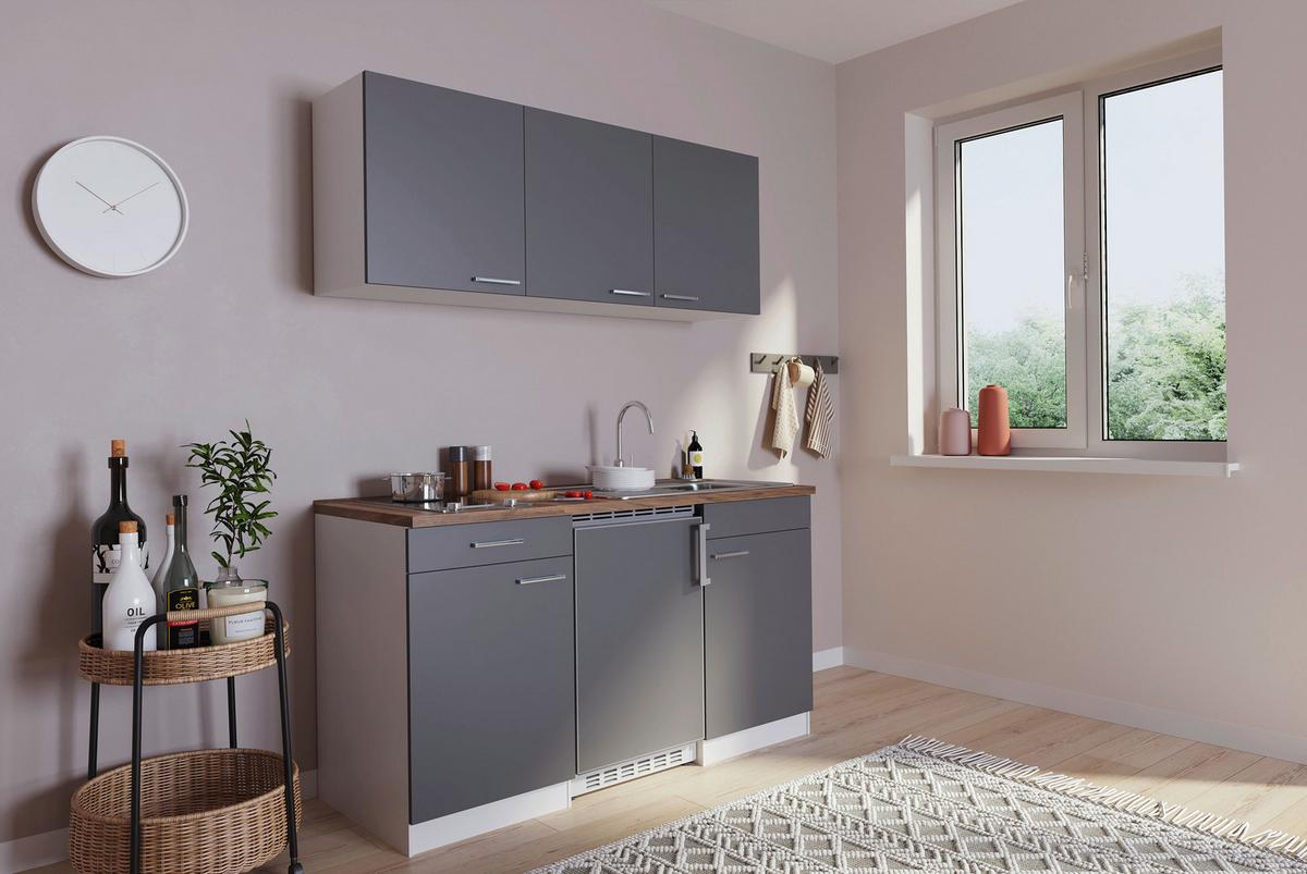 Miniküche Economy m. Geräten Grau B: ca. 150 cm - Edelstahlfarben/Nussbaumfarben, Basics, Holzwerkstoff/Kunststoff (150/200/60cm) - Respekta