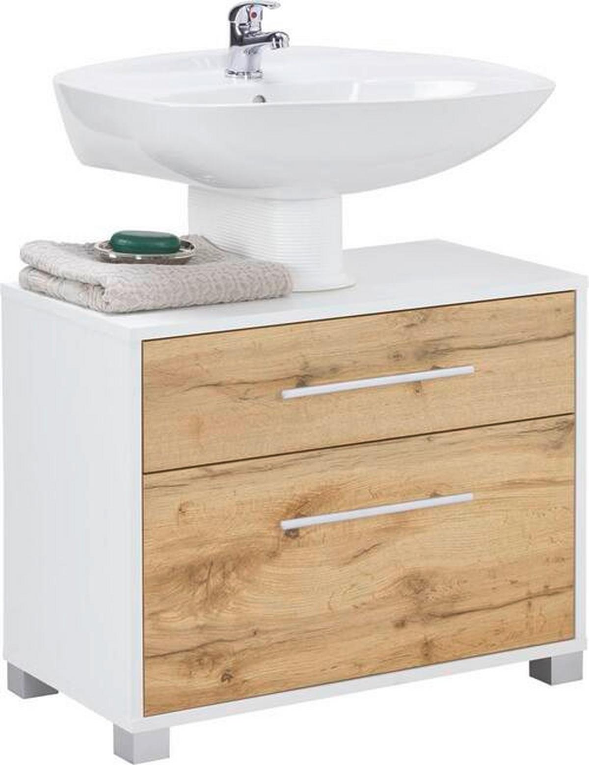 Waschbeckenunterschrank Weiß/Eichefarben - Chromfarben/Weiss, Modern, Holz/Holzwerkstoff (65/53/35cm) - Mömax