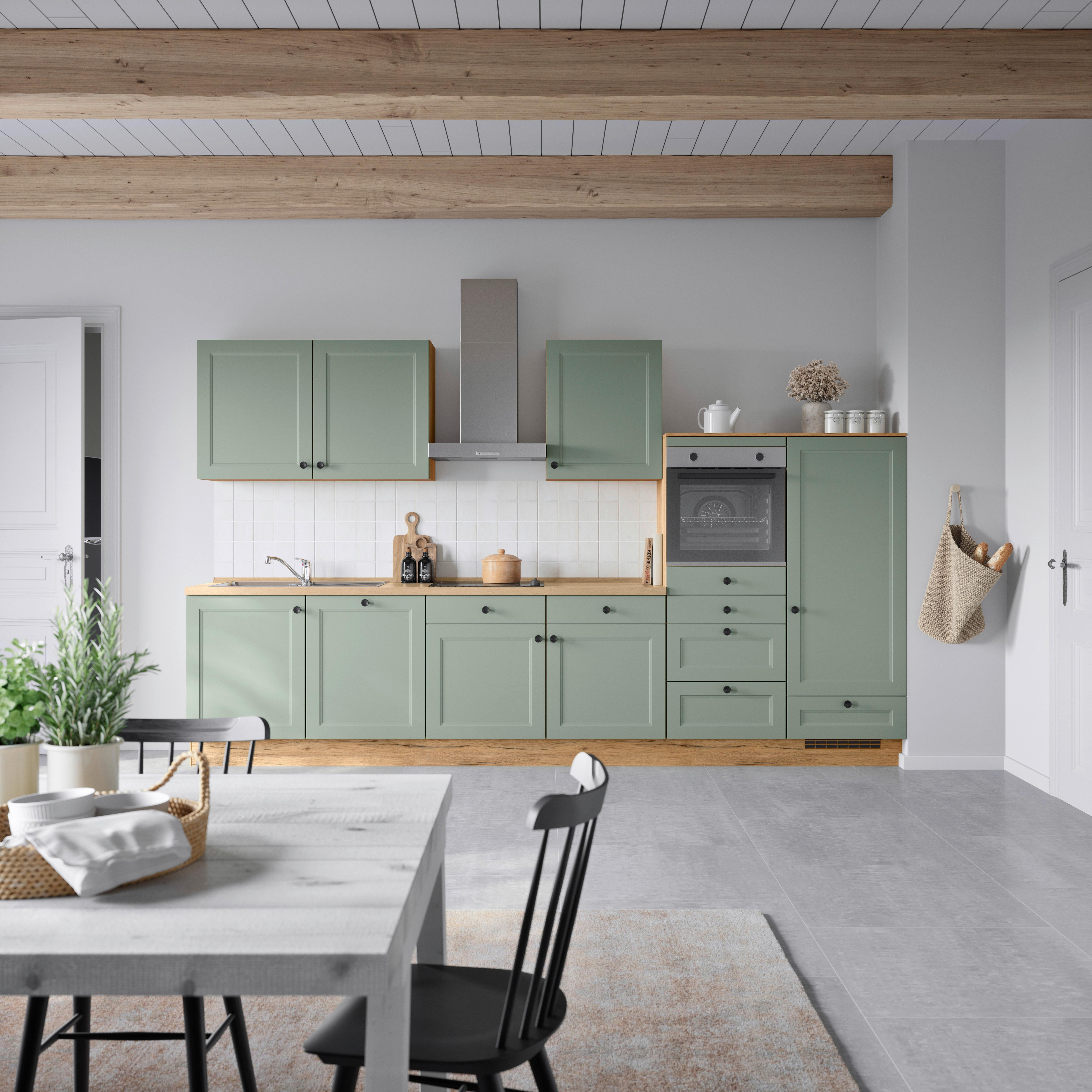 Küchenblock Cascada Low m. Geräten Schilfgrün - Schilfgrün/Eichefarben, MODERN, Holzwerkstoff/Metall (360cm) - Nobilia