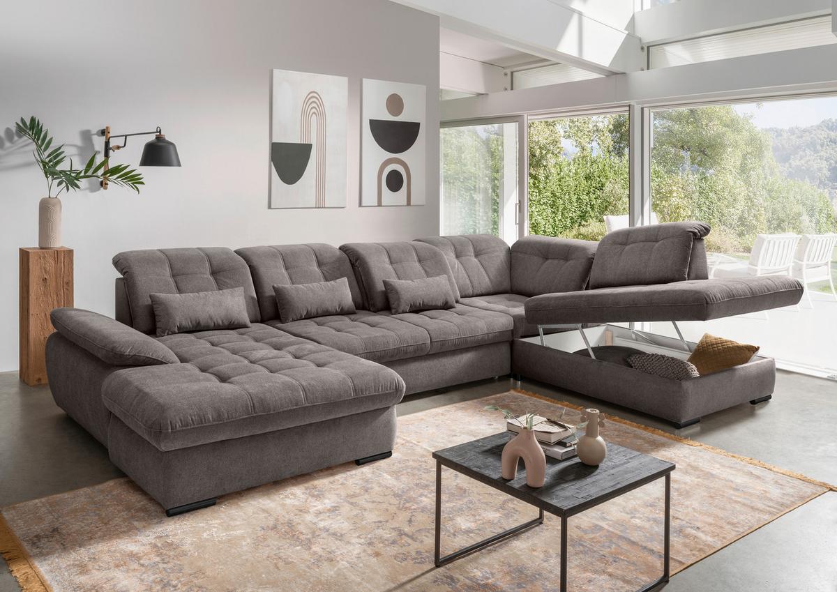 Wohnlandschaft Rigatti Grau- Braun Chenille mit Bettkasten - Graubraun/Schwarz, MODERN, Textil/Metall (184/387/252cm) - Livetastic