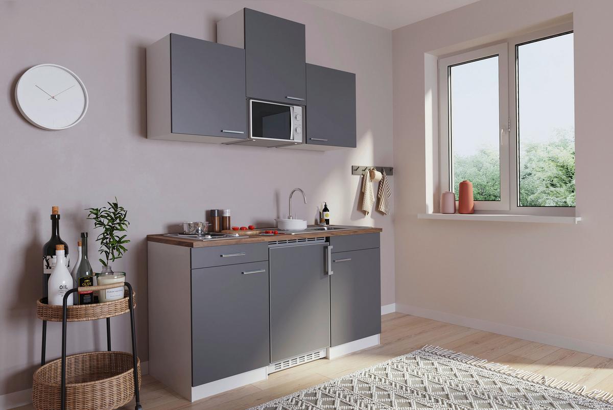 Miniküche Economy m. Geräten Grau B: ca. 150 cm - Edelstahlfarben/Nussbaumfarben, Basics, Holzwerkstoff/Kunststoff (150cm) - Respekta