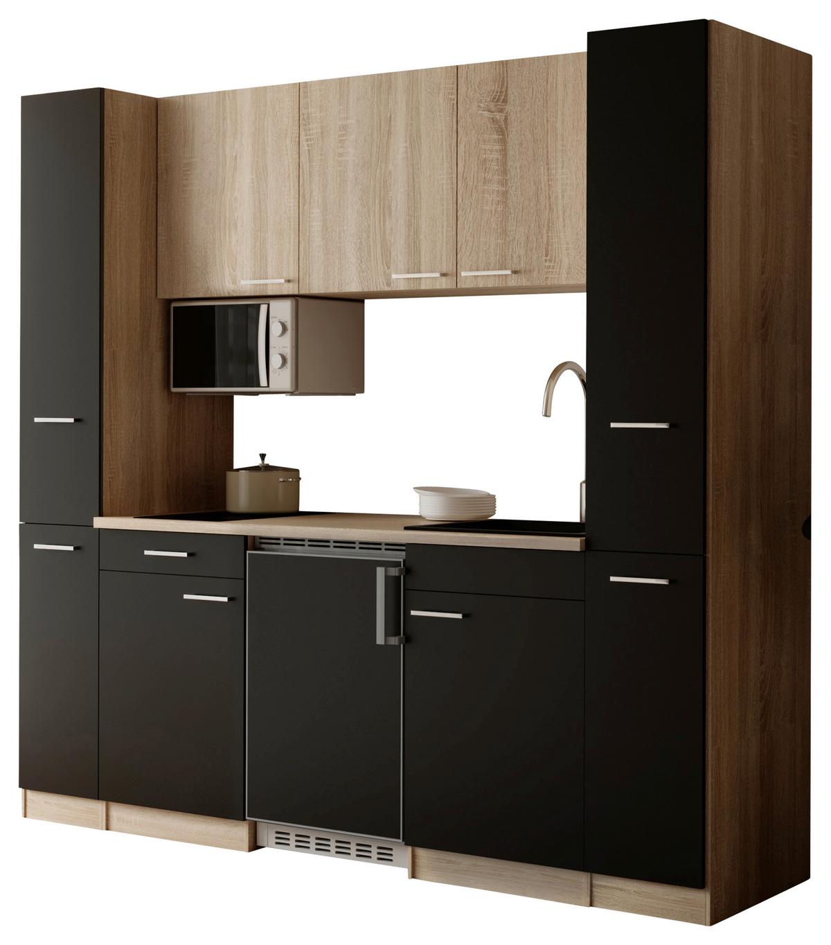 Küchenblock Ingrid m. Geräten Schwarz - Eichefarben/Schwarz, Design, Holzwerkstoff/Kunststoff (210cm) - Respekta