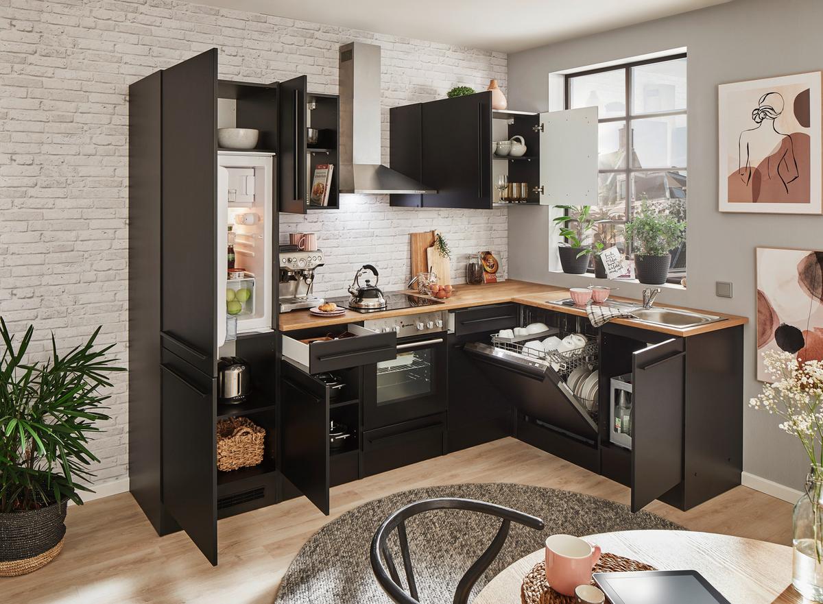 Eckküche Jazz mit Geräten ca.280x175cm Schwarz - Eichefarben/Schwarz, LIFESTYLE, Holzwerkstoff/Kunststoff (280/175cm) - P & B