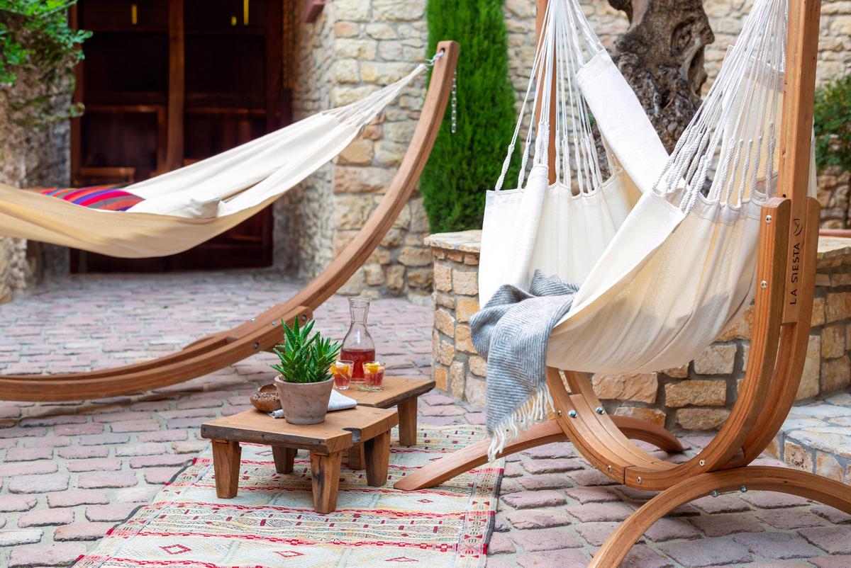 Hängematte Hammock Chair and Stand Natur/Weiß, 2er Set - Eukalyptusholzfarben/Naturfarben, KONVENTIONELL, Holz/Textil (100/152/92cm) - La Siesta