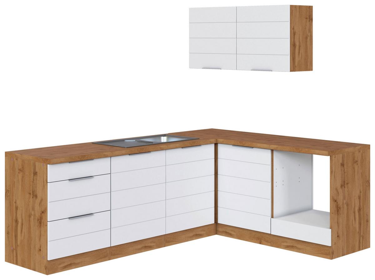 Eckküche Florenz ohne Geräte ca. 240/180cm Weiß/Eiche Dekor - Eiche Wotan/Weiß, Design, Holzwerkstoff/Metall (240/180cm) - Held