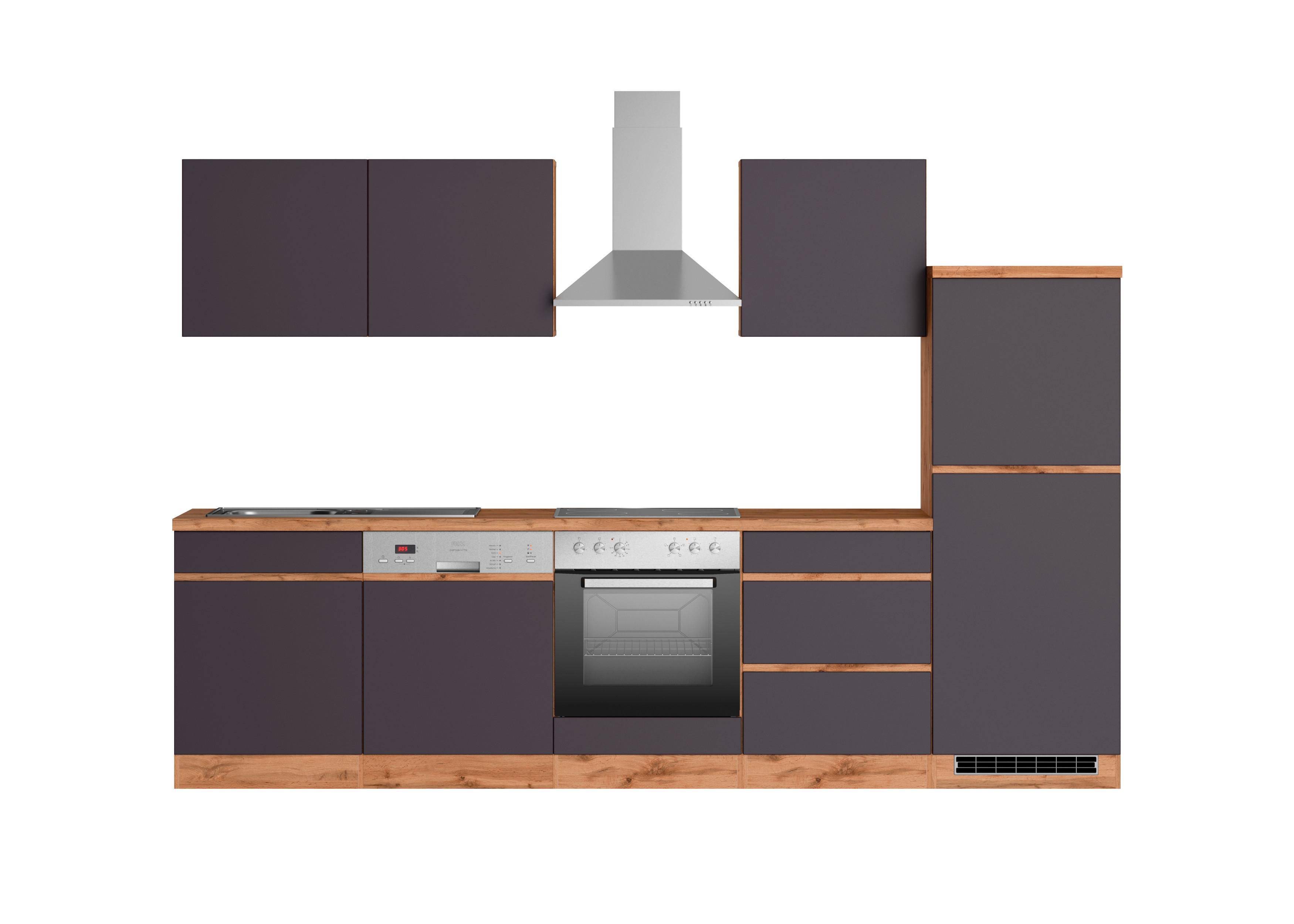 Küchenblock Turin mit Geräten ca. 300 cm Grau/Eiche - Eiche Wotan/Grau, Design, Holzwerkstoff (300cm) - Held