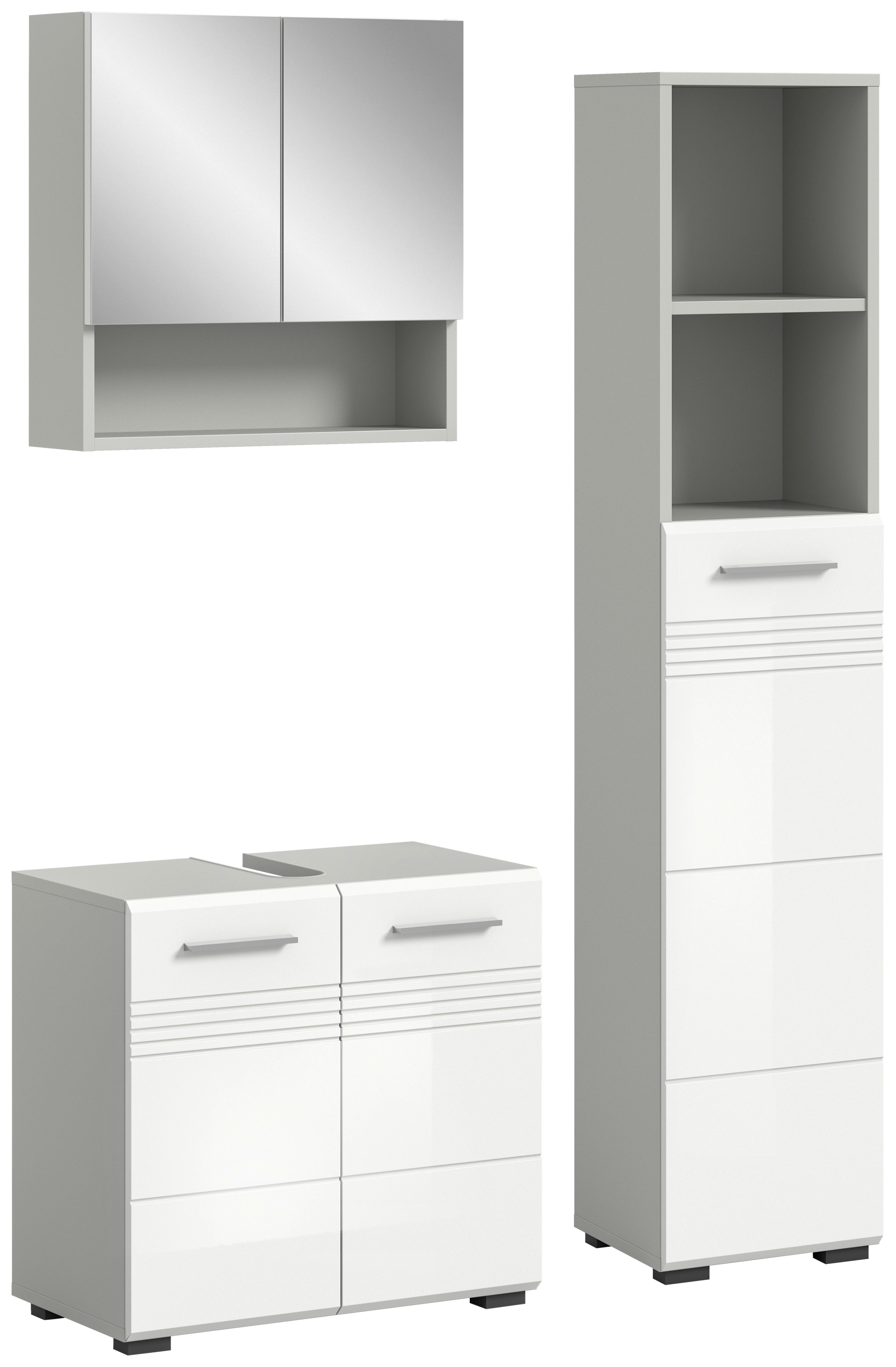 Badezimmer-Set COPA 3-teilig, Grau/Weiß Hochglanz - Chromfarben/Weiß Hochglanz, MODERN, Holzwerkstoff/Kunststoff (90cm) - MID.YOU