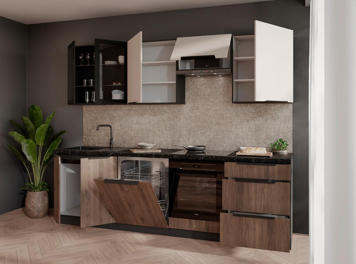 Blok Kuhinja Monza/arona - kašmir/boje oraha, Moderno, staklo/drvni materijal (260/210/60cm) - Modern Living