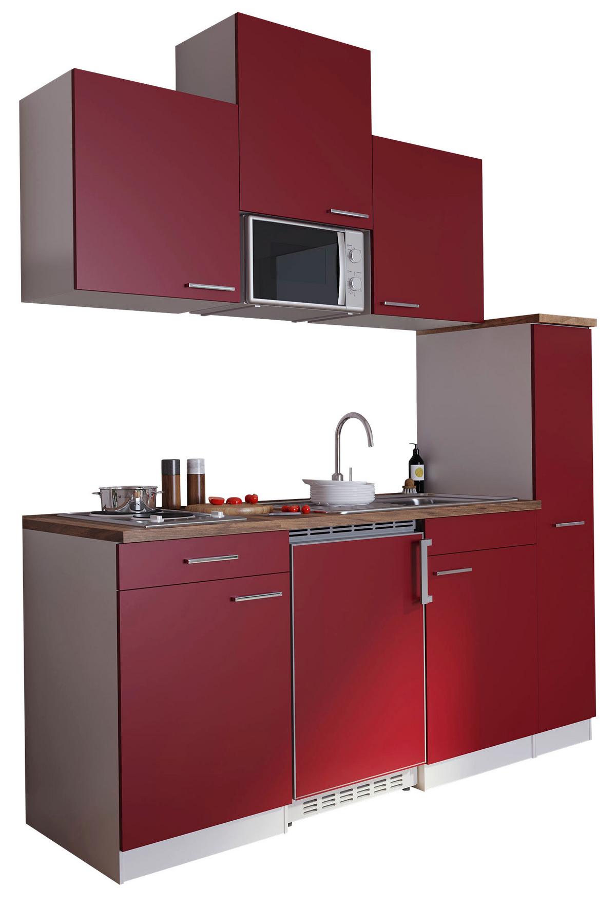 Küchenzeile Economy m. Geräte Rot/Nussbaum B: ca. 180 cm - Rot/Nussbaumfarben, Basics, Holzwerkstoff/Kunststoff (180cm) - Respekta