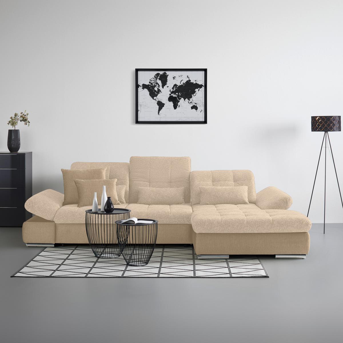 Wohnlandschaft Sanfino Beige/Taupe - Taupe/Chromfarben, KONVENTIONELL, Holz/Textil (305/79-96/199cm) - Premium Living