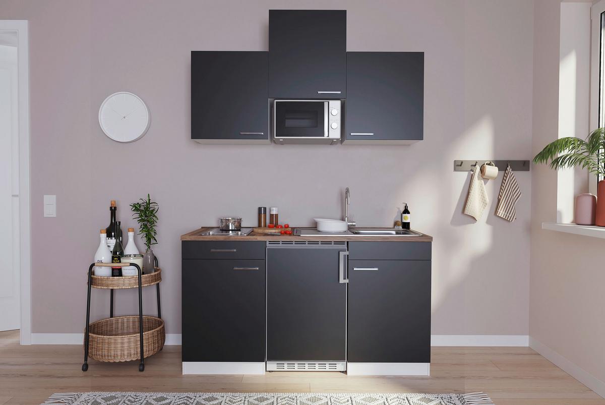 Majhna Kuhinja Z Aparati Economy, Barva Oreha, Črna - barve nerjavečega jekla/črna, Basics, umetna masa/leseni material (150cm) - Respekta