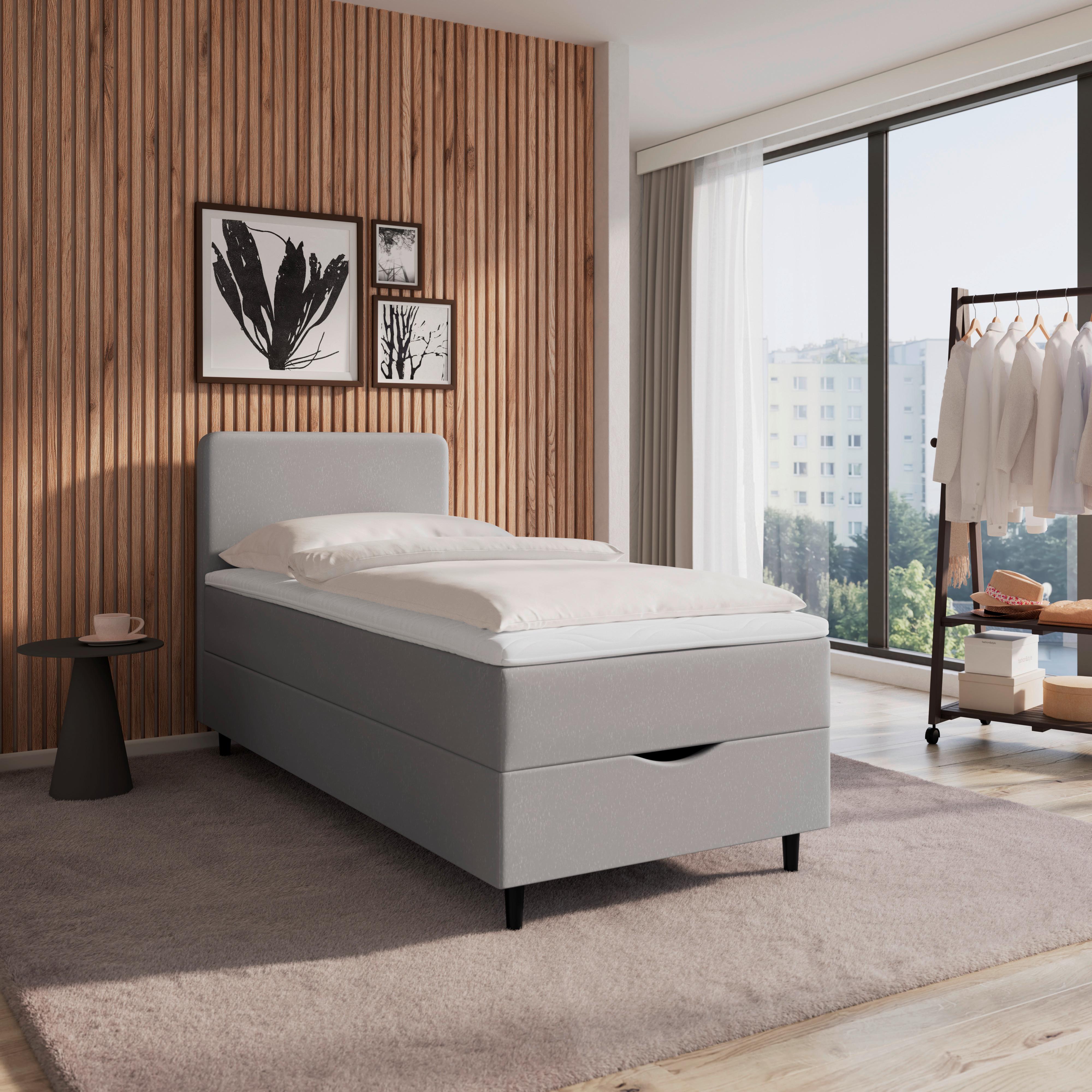 Boxbett Vida ca. 90x200 cm Grau mit Topper - Schwarz/Grau, MODERN, Holz/Kunststoff (90/200cm) - Bessagi Home