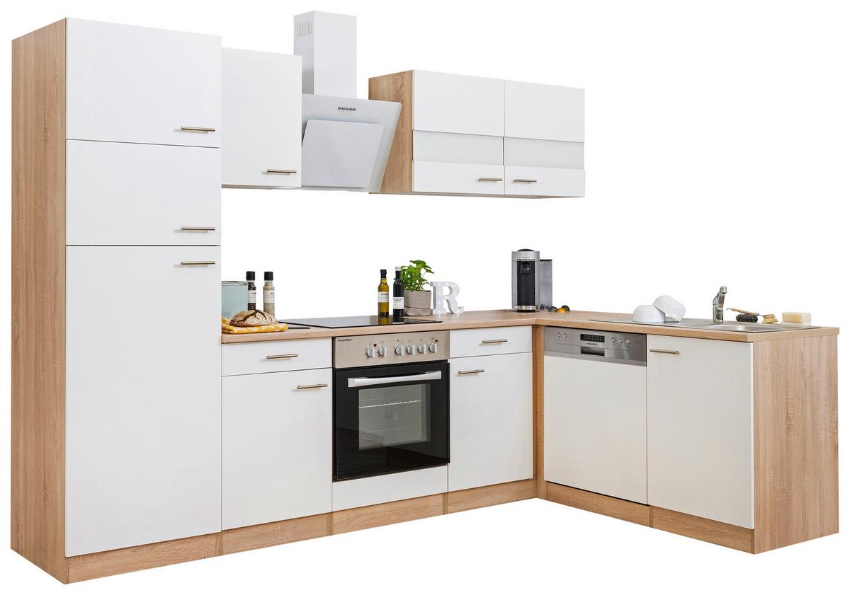 Eckküche Economy Weiß/ Eichefarben ca. 280x172 cm - Edelstahlfarben/Eichefarben, Basics, Holzwerkstoff/Metall (280/172cm) - Respekta