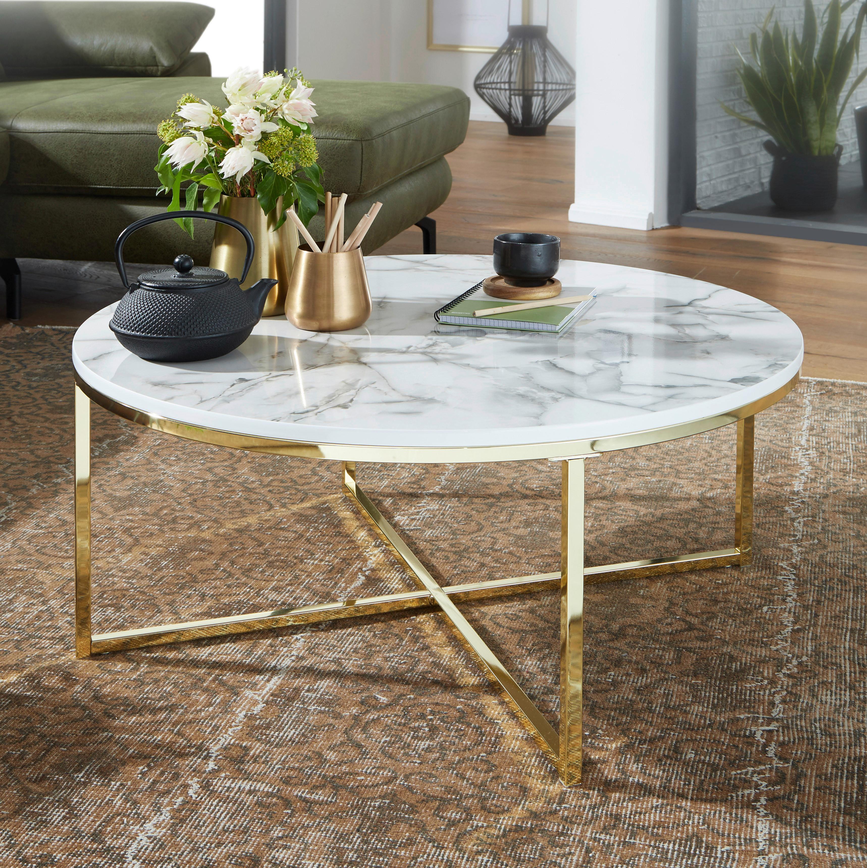 Couchtisch Marmoroptik ca. 80x36 cm Gestell Gold - Goldfarben/Weiß, KONVENTIONELL, Holzwerkstoff/Metall (80/36cm) - MID.YOU