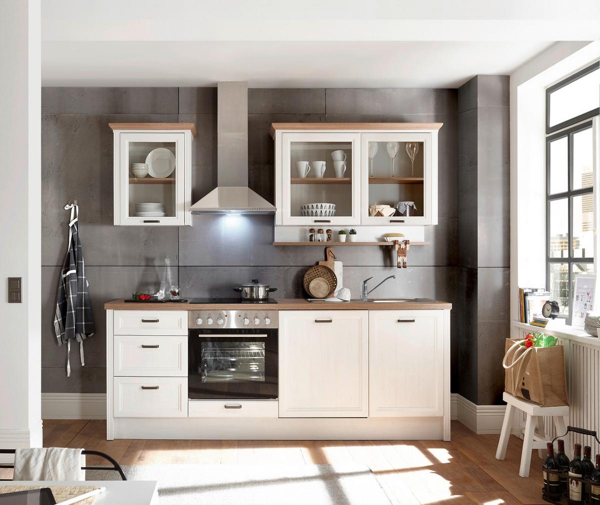 Küchenblock Jasmin mit Geräten ca. 235 cm Pienienfarben/Eiche - Anthrazit/Eiche Artisan, ROMANTIK / LANDHAUS, Glas/Holzwerkstoff (235cm) - P & B