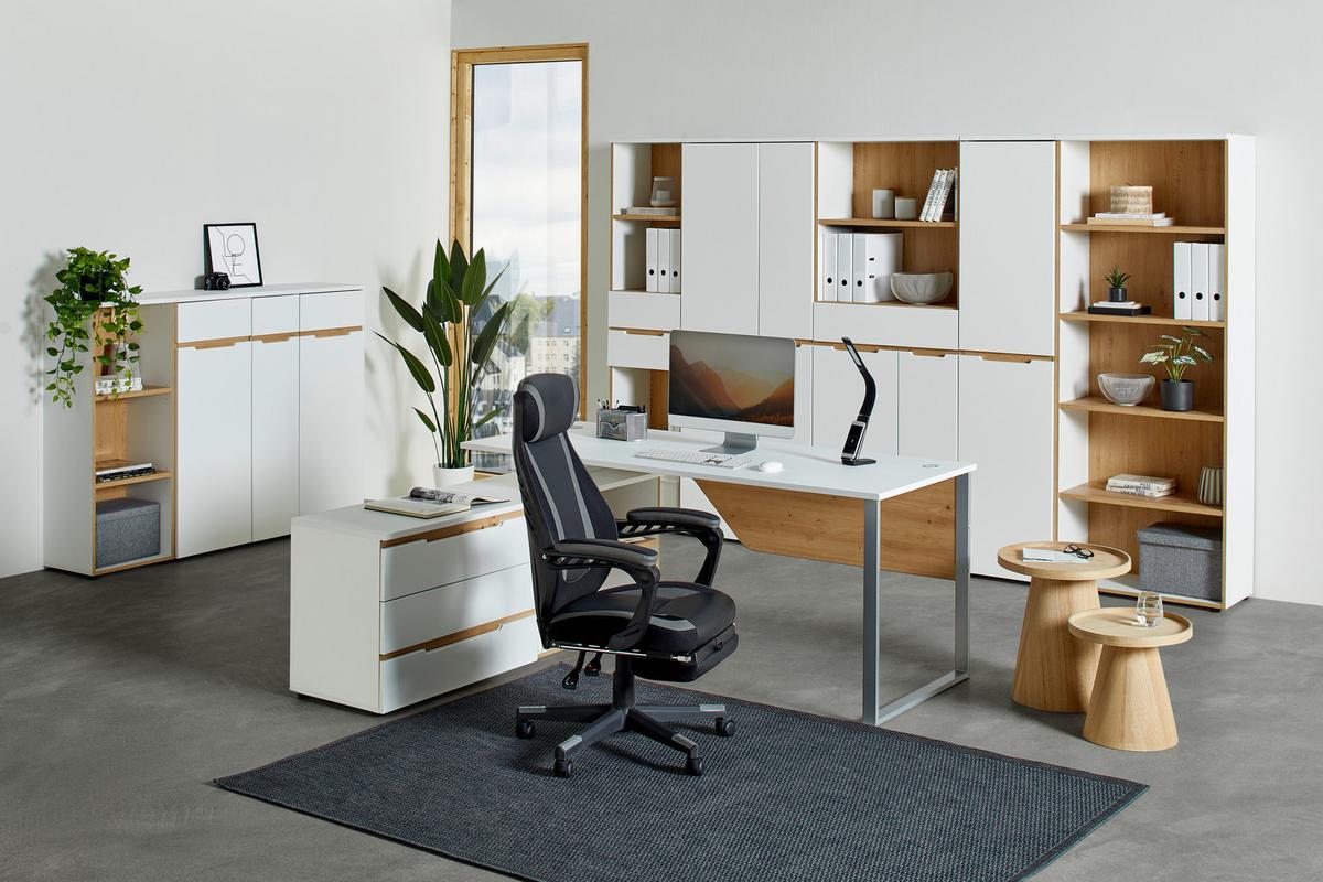 Eckschreibtisch Dallas Silber/Weiss/Eiche Artisan - Weiss/Silberfarben, Modern, Holzwerkstoff/Metall (180/77/160cm) - Mömax
