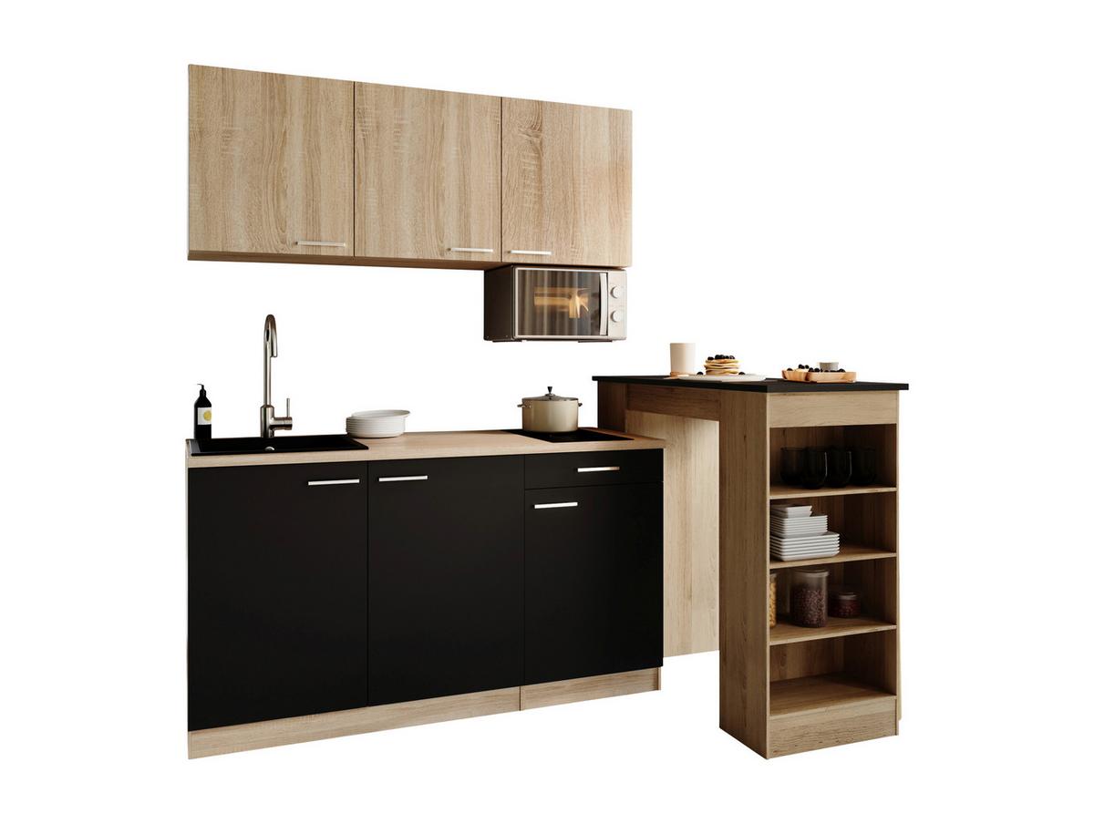 Miniküche Ingrid m. Geräten ca. 150cm Schwarz - Eichefarben/Schwarz, Design, Holzwerkstoff/Kunststoff (150cm) - Respekta