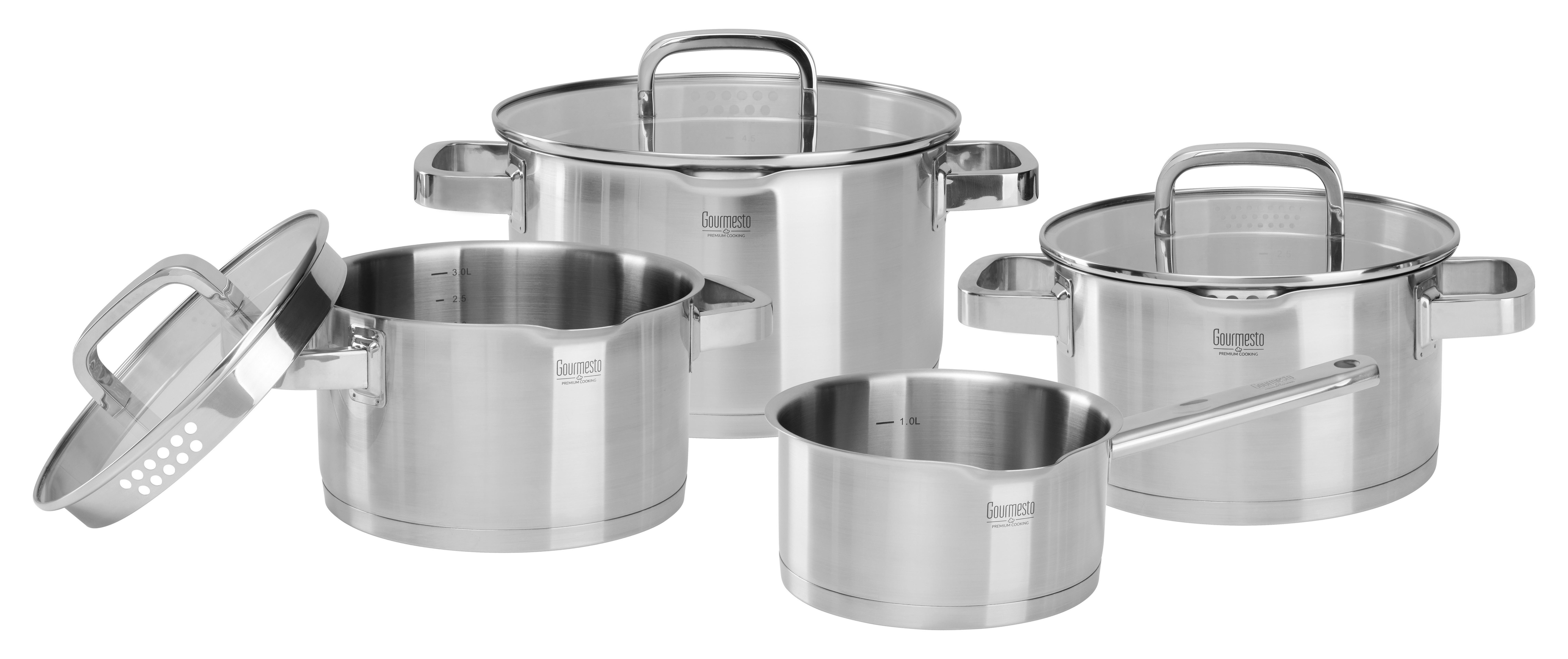 Kochtopfset Silver Line aus Edelstahl, 7-teilig - Klar/Edelstahlfarben, Konventionell, Glas/Metall - Gourmesto