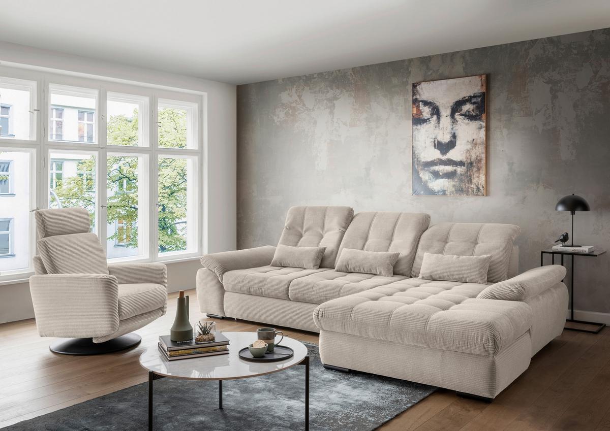 Ecksofa mit Bettkasten Rigatti ca. 314x184 cm Beige - Beige/Schwarz, MODERN, Textil/Metall (314/184cm) - Livetastic