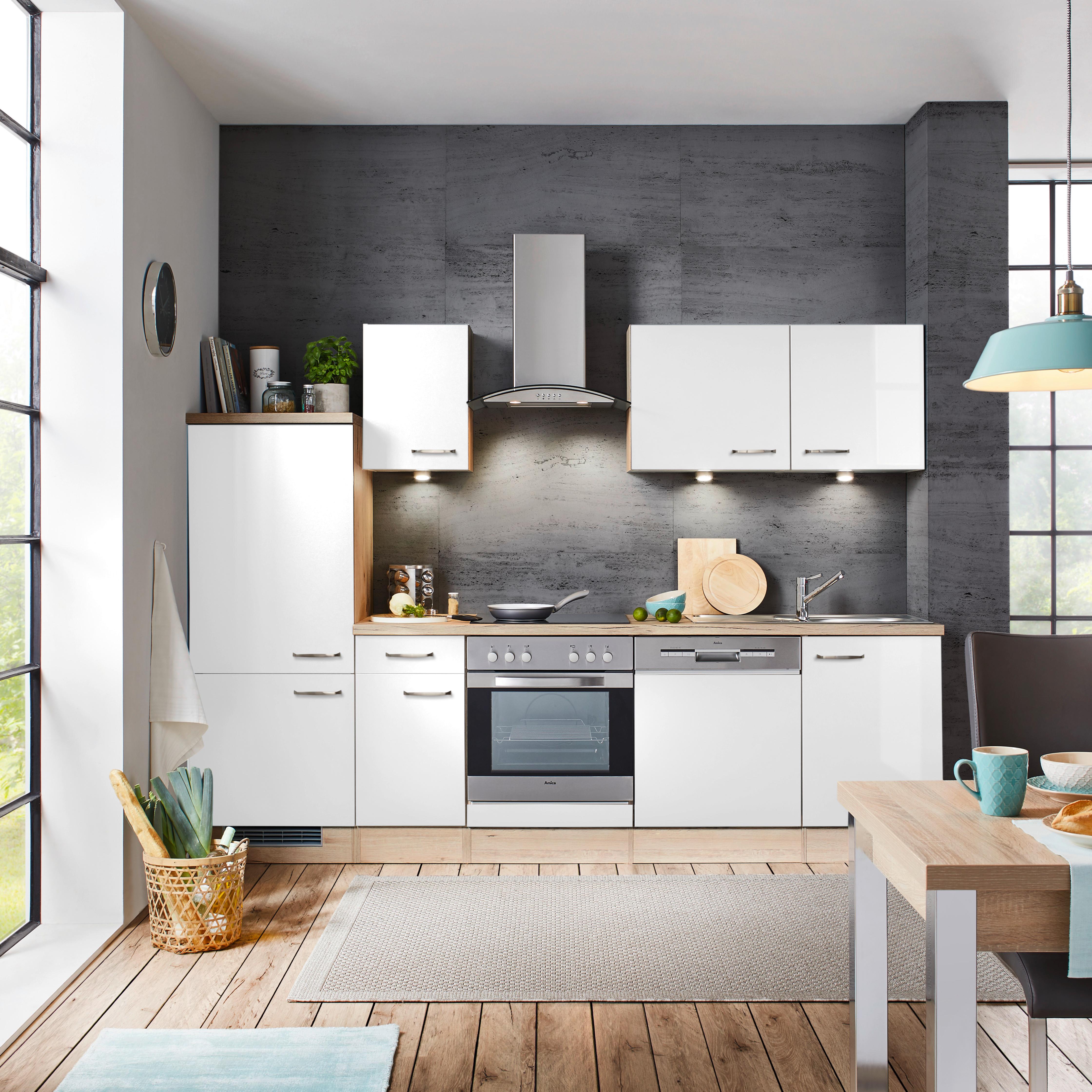 Küchenblock Venezia-Valero Hochglanz Weiß - Eichefarben/Weiß, MODERN, Holzwerkstoff (270cm) - FlexWell