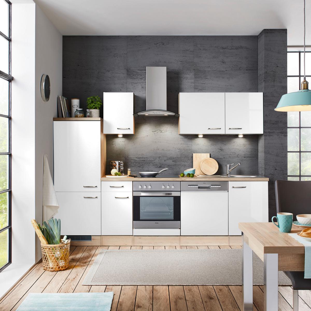 Küchenblock Venezia-Valero Hochglanz Weiß - Eichefarben/Weiß, MODERN, Holzwerkstoff (270cm) - FlexWell