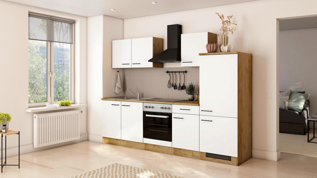 Küchenblock Avila m. Geräten Magnolie - Eichefarben/Magnolie, Trend, Holzwerkstoff/Metall (270cm) - FlexWell