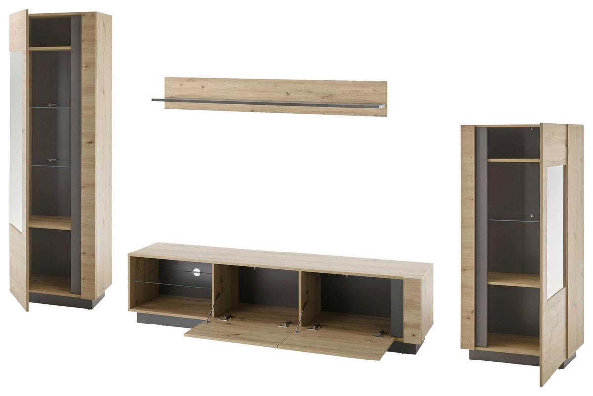 Wohnwand Clair Grau/Eiche Artisan - Eiche Artisan/Grau, Design, Glas/Holzwerkstoff (340/194/40cm) - MID.YOU