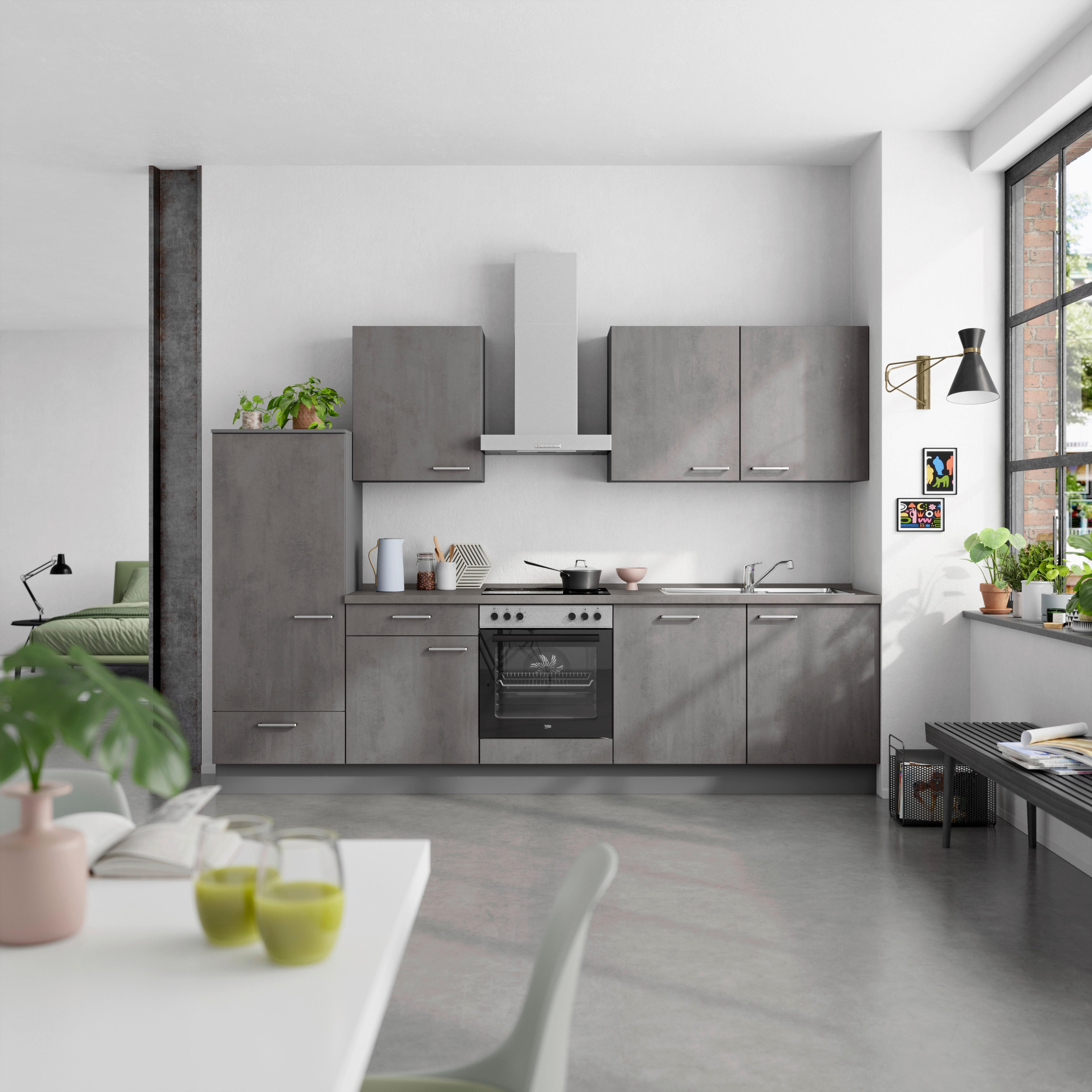 Küchenblock Riva Low m. Geräten Schieferfarben - Schieferfarben/Edelstahlfarben, MODERN, Holzwerkstoff/Metall (300cm) - Nobilia