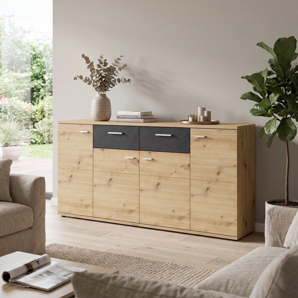 Komoda Nina - crna/hrast artisan, pločasti materijal/plastika (181,3/84/38cm) - Modern Living