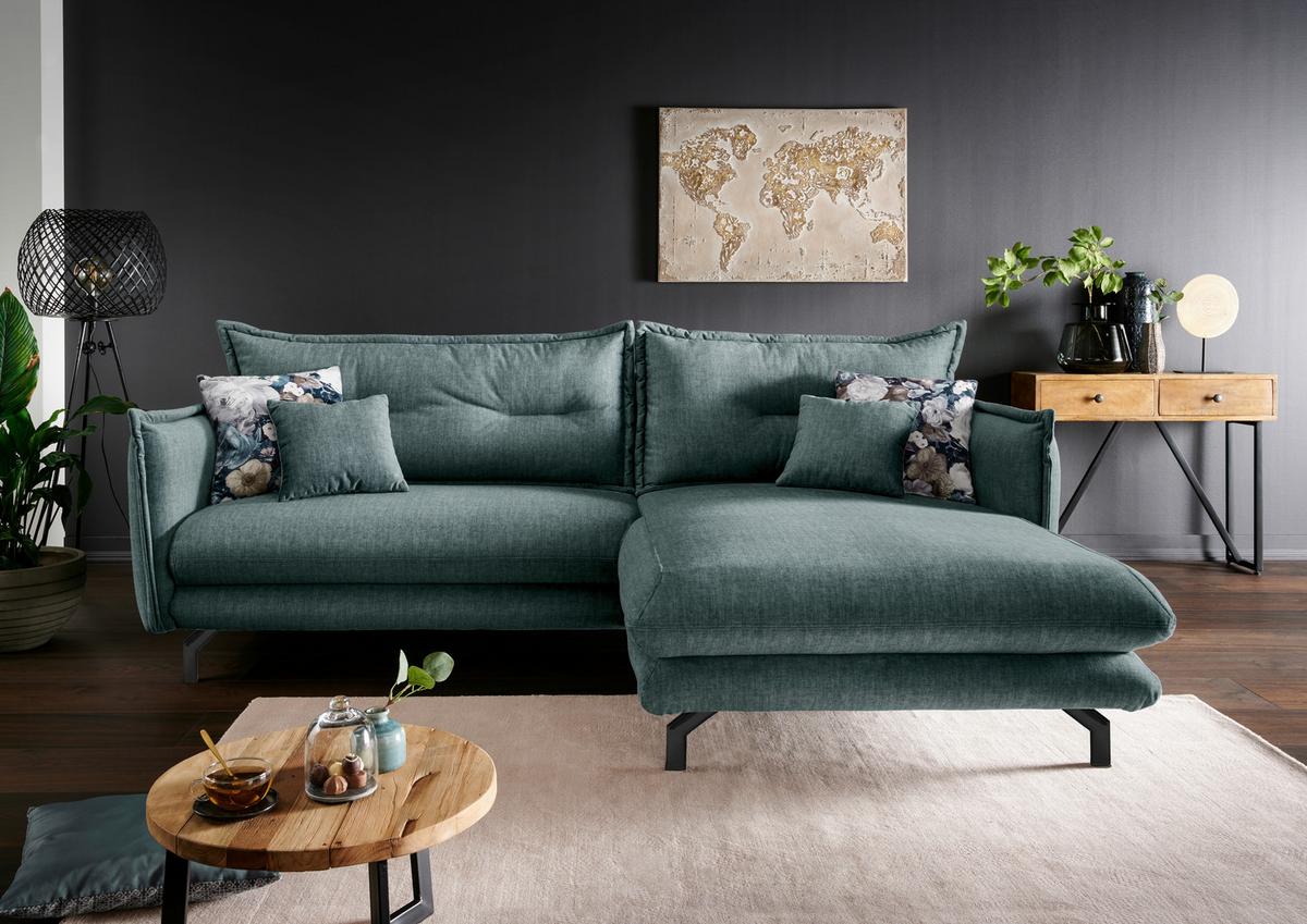 Wohnlandschaft Lava Hellblau Velours - Türkis/Schwarz, MODERN, Textil/Metall (255/180cm) - Livetastic