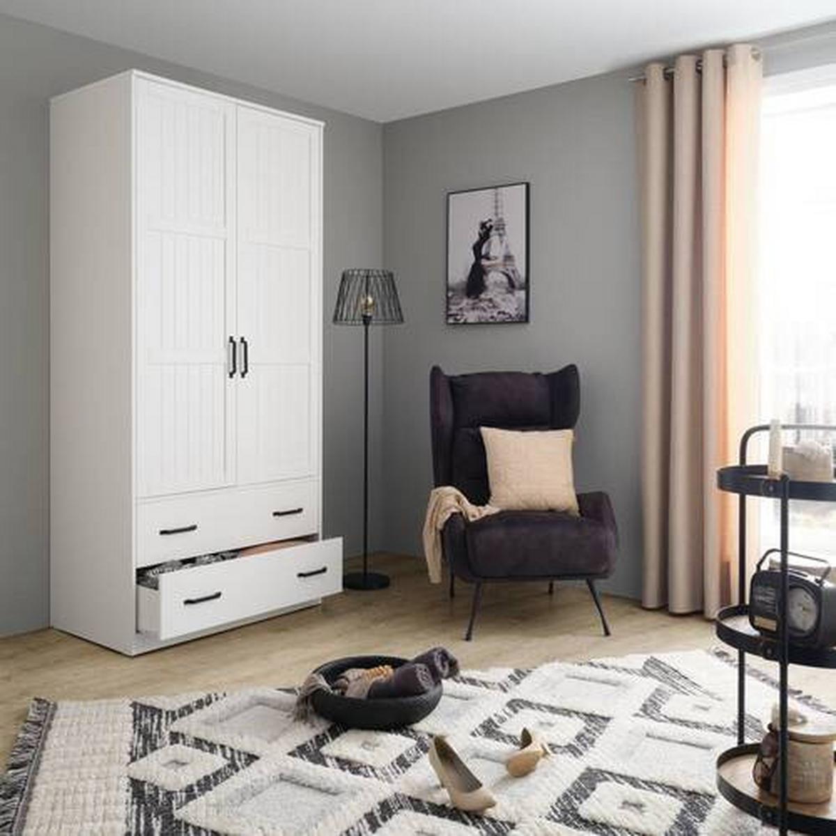 Drehtürenschrank aus Kiefer teilmassiv in Weiss - Weiss/Schwarz, Romantik / Landhaus, Holz/Kunststoff (100/220/60cm) - Mömax