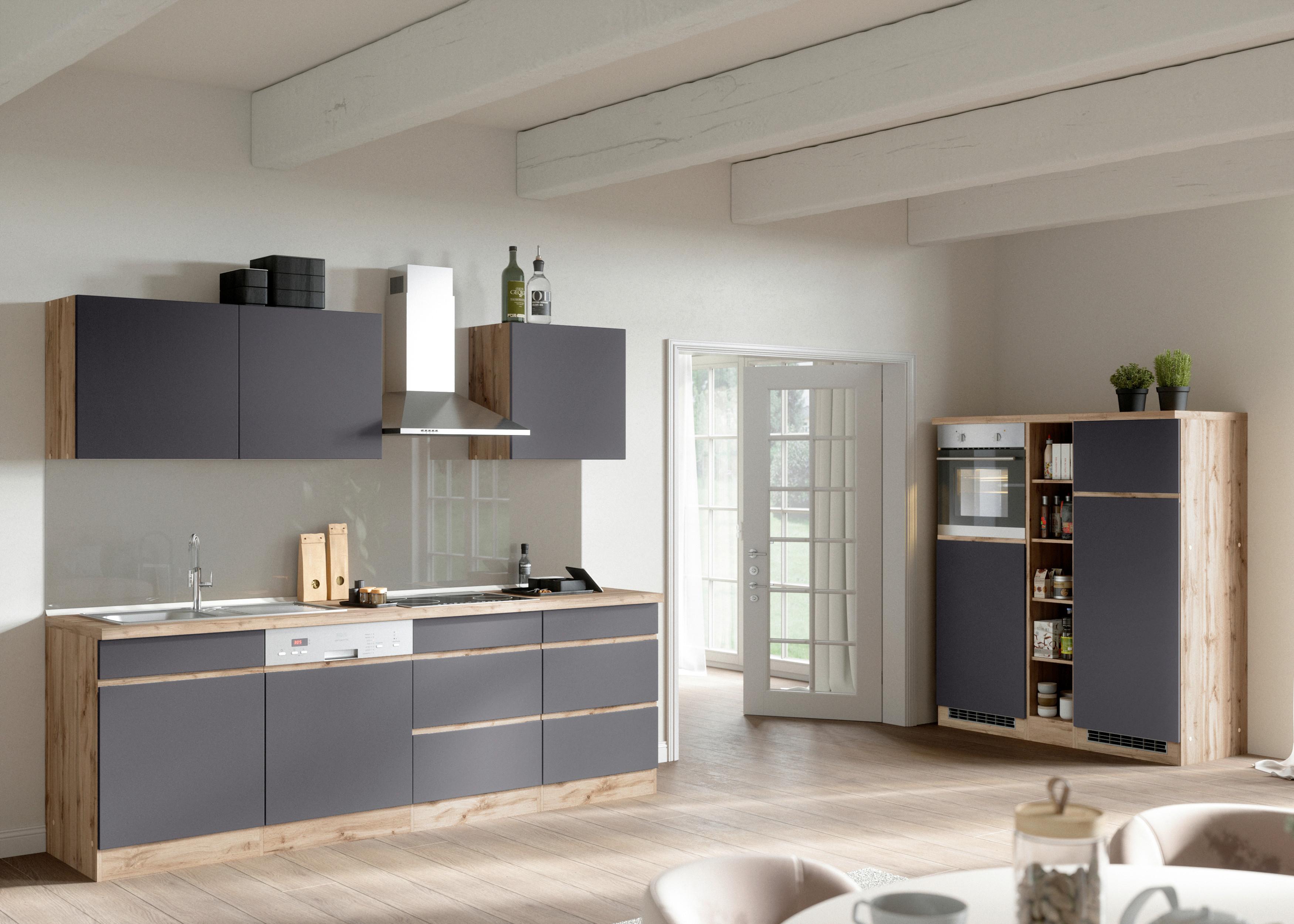 Küchenblock Turin mit Geräten ca. 390 cm Grau/Eiche - Eiche Wotan/Grau, Design, Holzwerkstoff (240-150cm) - Held