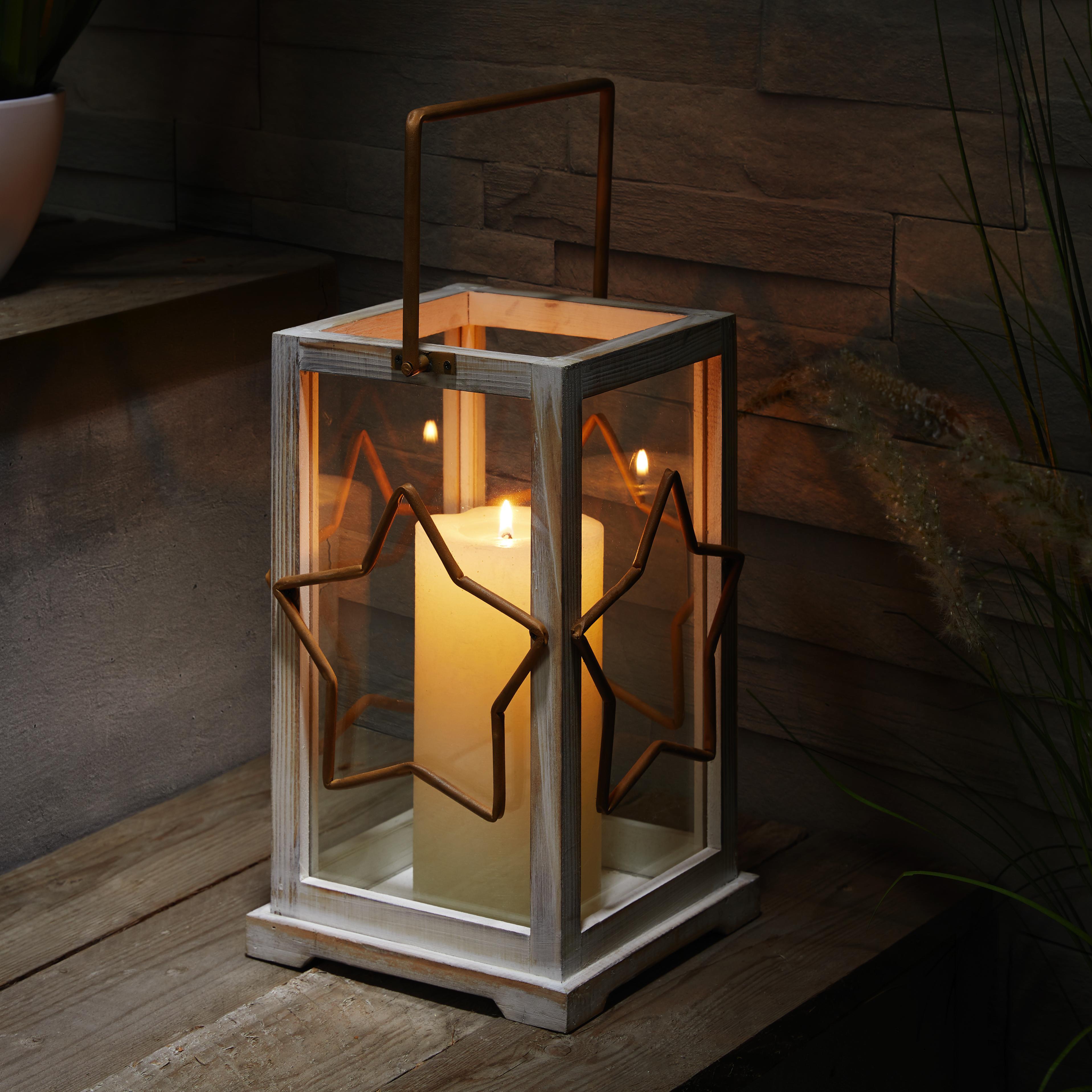 Laterne in Braun/Weiß H ca. 44,5 cm 'Leevi' - Braun/Weiß, MODERN, Glas/Holz (21,5/19,5/44,5cm) - Bessagi Home