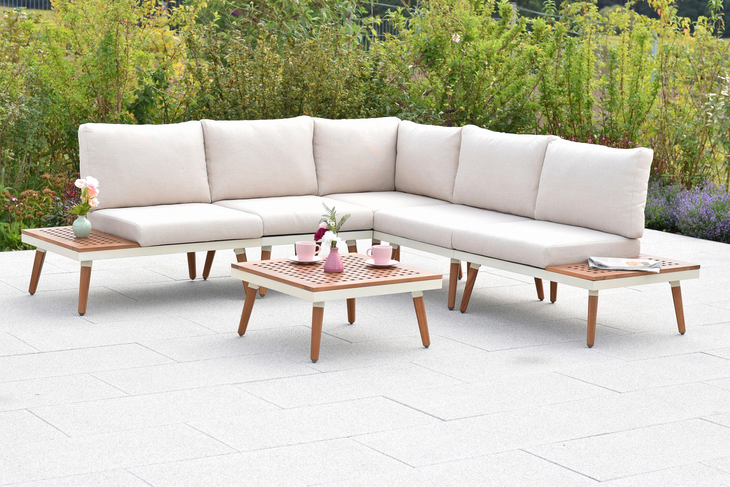 Loungegarnitur Delphi Echtholz/Metall - Beige/Weiß, KONVENTIONELL, Holz/Textil - Gardenson