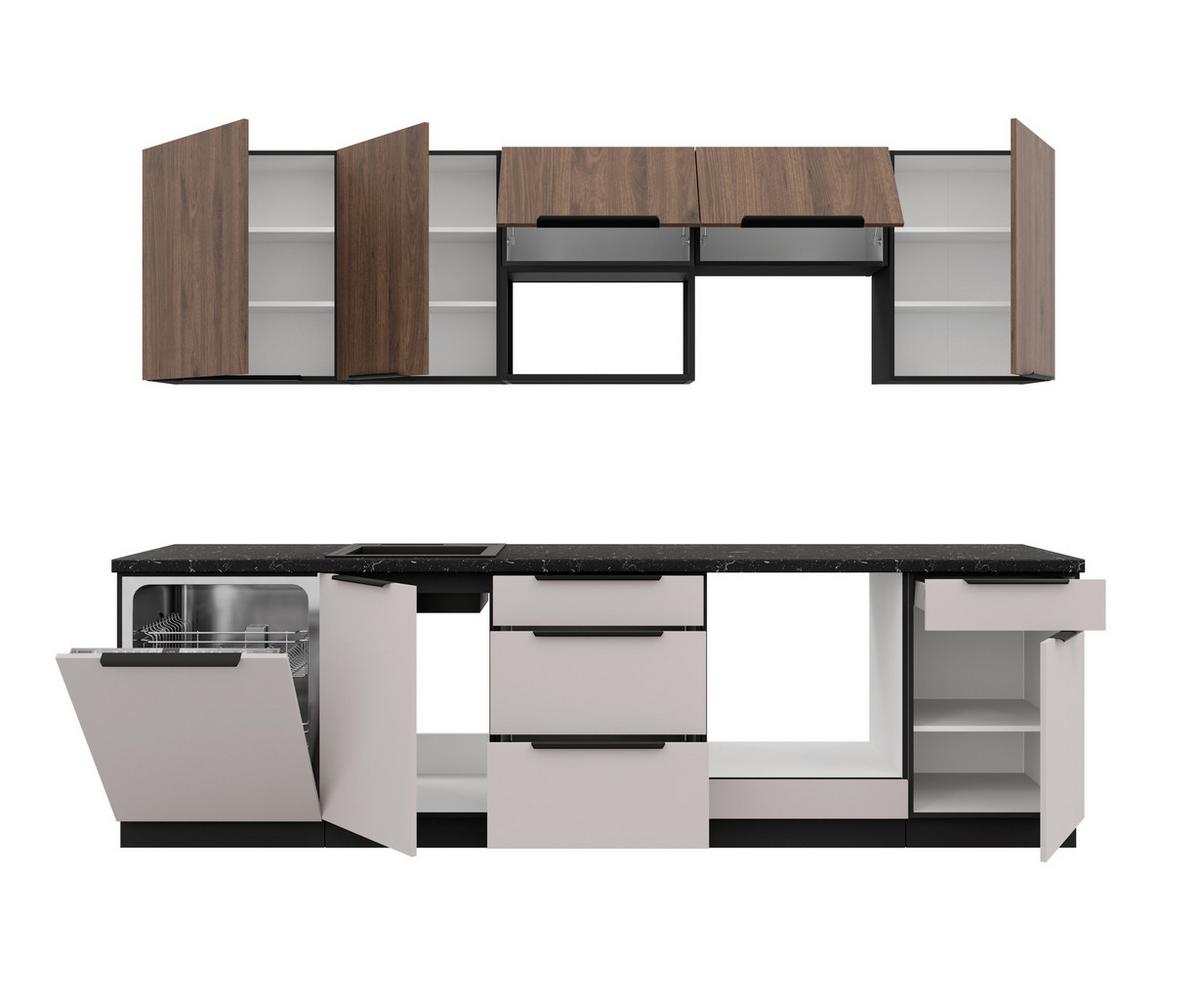 Bucatarie fara electrocasnice ARONA/MONZA - cașmir/culoare lemn de nuc, Modern, metal/material pe bază de lemn (280/210/60cm) - Modern Living