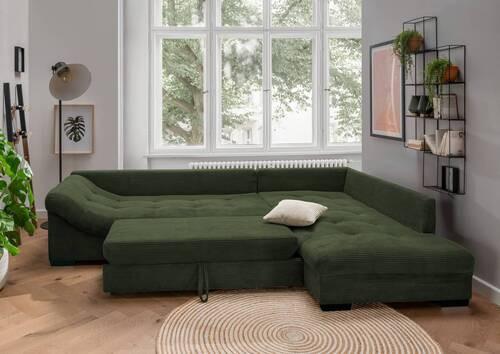 Wohnlandschaft Alvito Dunkelgrün Cord - Dunkelgrün/Beige, Design, Holz/Textil (298/202cm) - MID.YOU