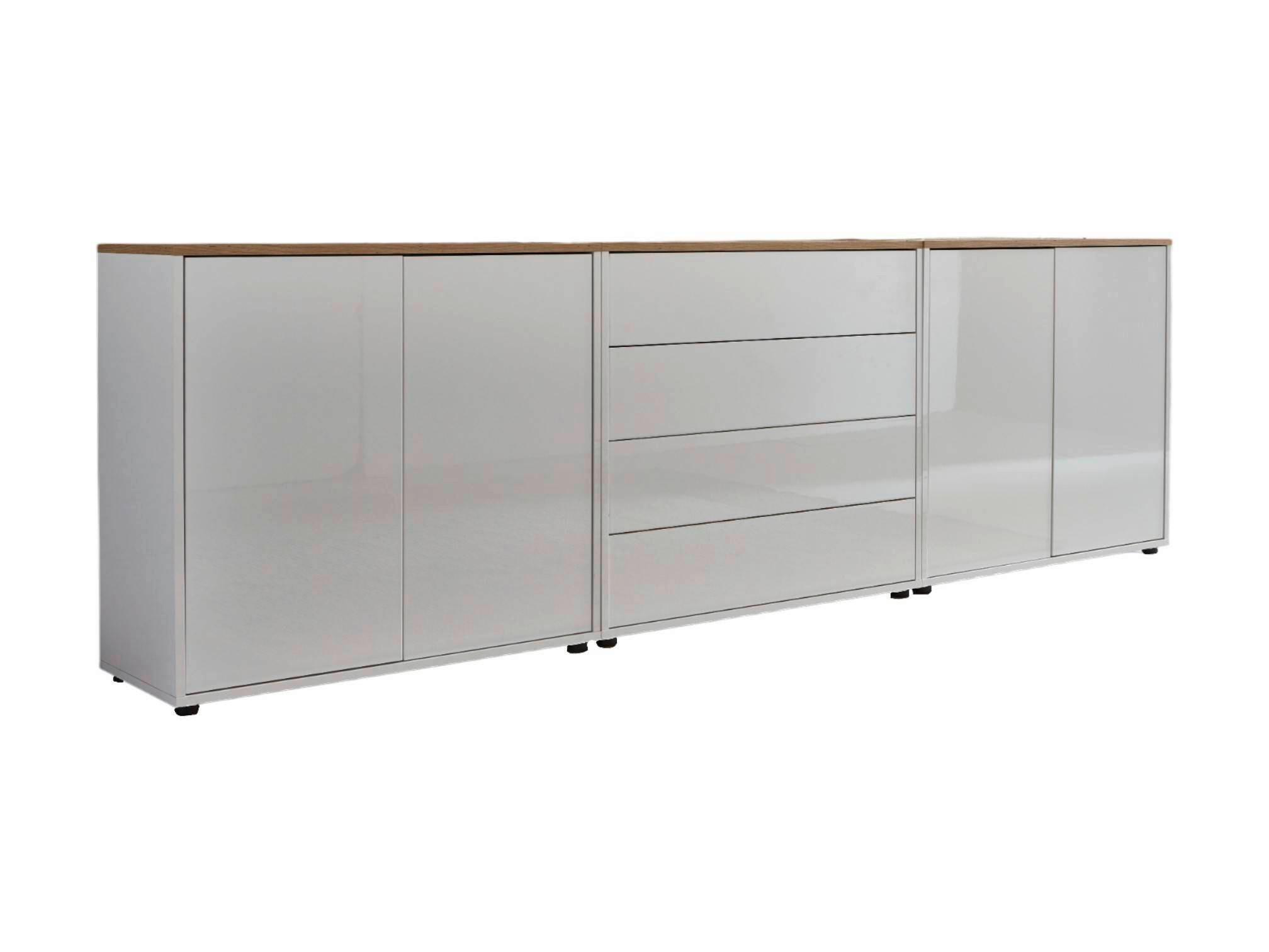 Sideboard Mailand Set 5 Weiß/Eiche - Weiß Hochglanz/Schwarz, MODERN, Holzwerkstoff/Kunststoff (237/73/33cm) - MID.YOU