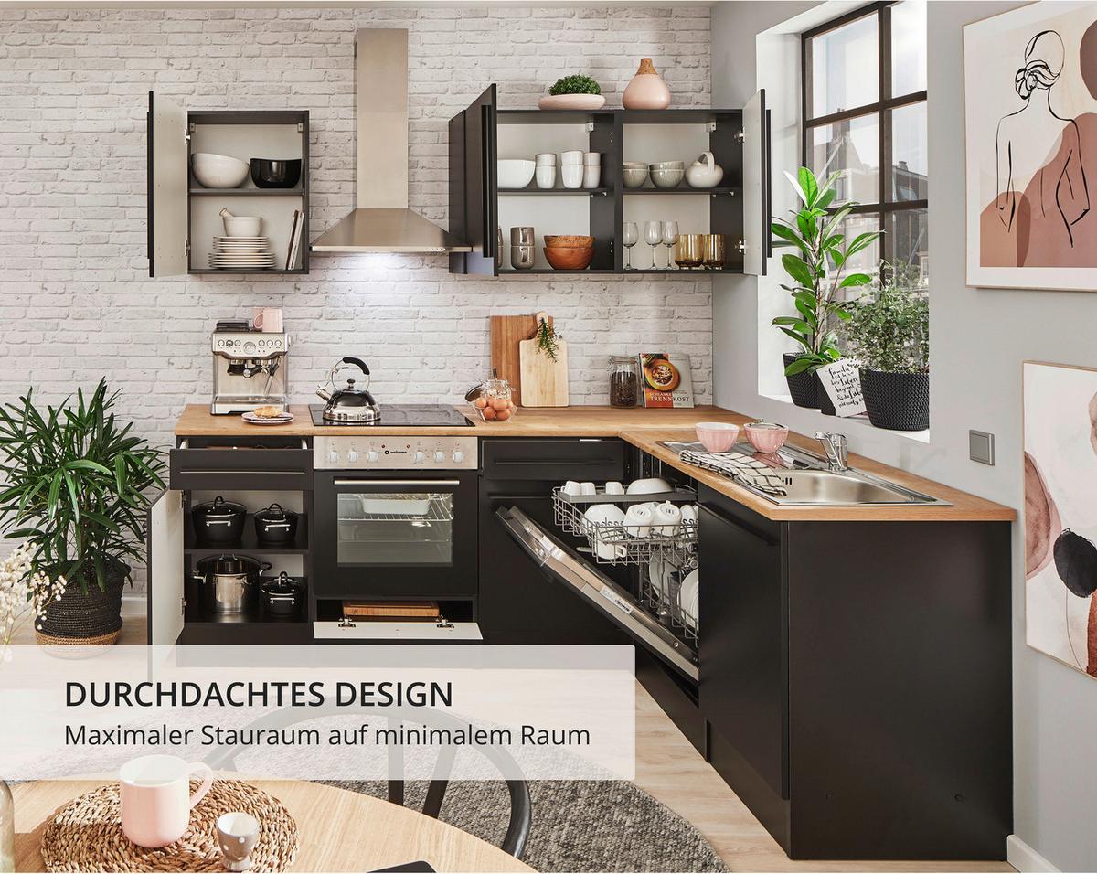 Eckküche Jazz mit Geräten ca.220x175cm Schwarz - Eichefarben/Schwarz, LIFESTYLE, Holzwerkstoff/Kunststoff (220/175/60/60cm) - P & B