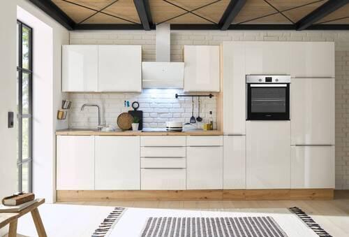 Küchenblock Marleen m. Geräten Weiß Hochglanz B: ca. 370cm - Weiß Hochglanz/Alufarben, LIFESTYLE, Holzwerkstoff/Kunststoff (370cm) - Respekta