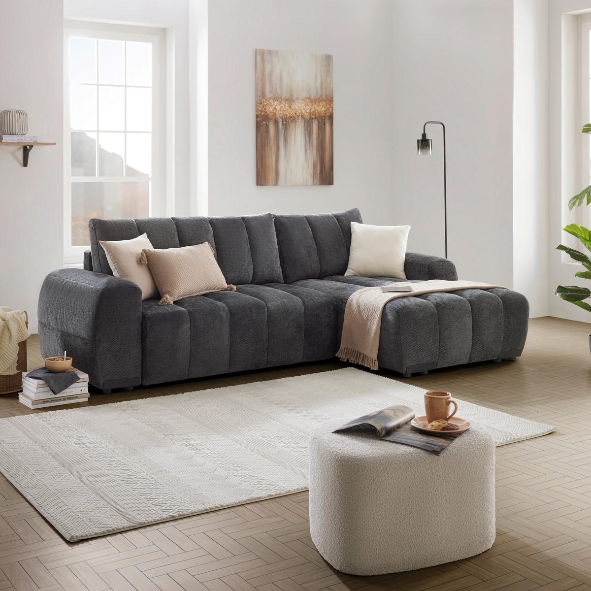Wohnlandschaft Bolonia Graphitfarben - Schwarz Hochglanz/Graphitfarben, MODERN, Textil/Metall (273/166cm) - Mömax