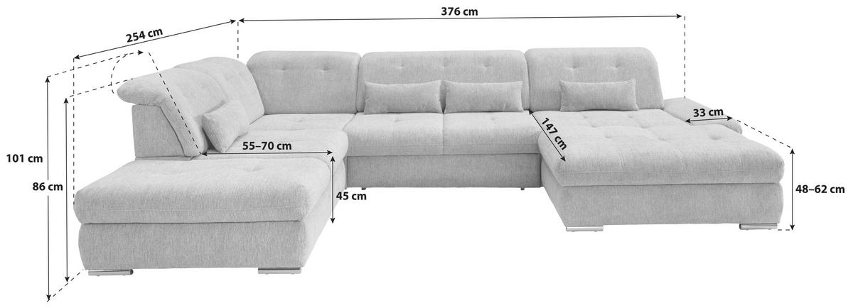 Wohnlandschaft Dalida Hellblau Chenille - Chromfarben/Hellblau, Design, Textil/Metall (254/376/195cm) - Livetastic