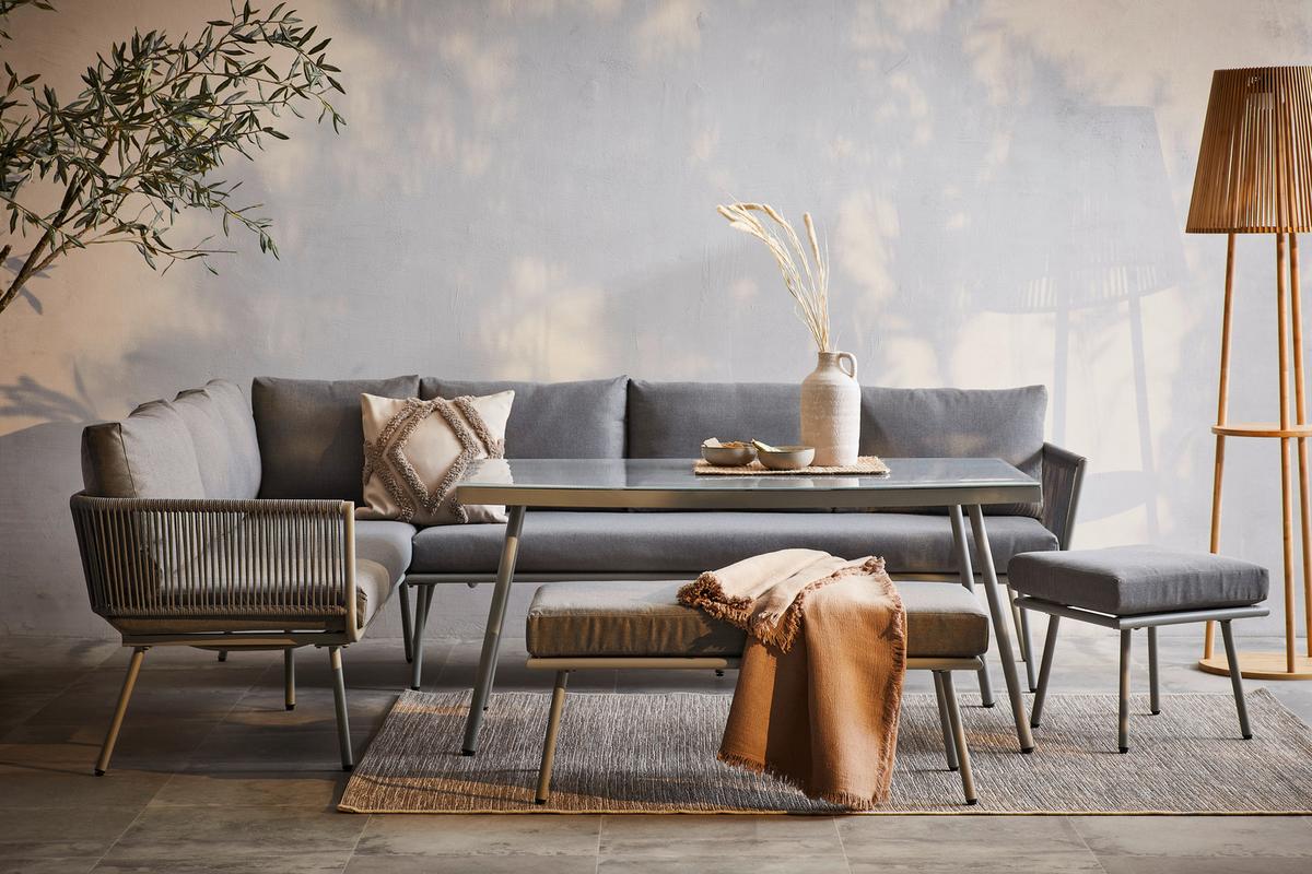 KOMPLET STOŁOWY NA TARAS PISA - szary, Modern, tworzywo sztuczne/metal (190/252cm) - Ambia Garden