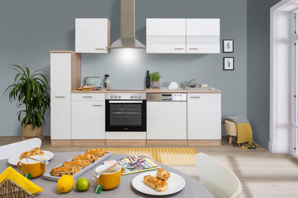 Küchenblock Merle mit Geräten ca. 250 cm Weiß - Edelstahlfarben/Eichefarben, Basics, Holzwerkstoff/Metall (250cm) - Respekta